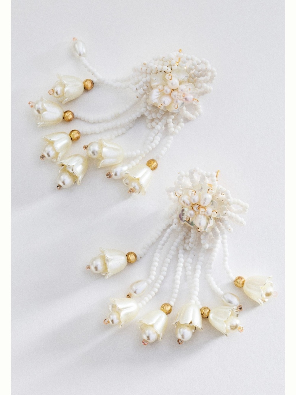 Anthropologie Beaded Floral Drop Earrings Fringe New Ivory Pearl